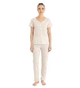 Seamlife Kadın %100 Pamuk Kalp Desenli Önü Düğmeli Kısa Kollu Pijama Takımı 18121787 (Ekru)