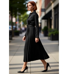 Kadın Düz Desen Standart Kol Kuşak Detaylı Piliseli Etek Ceket Yaka Polyester Midi Boy Elbise