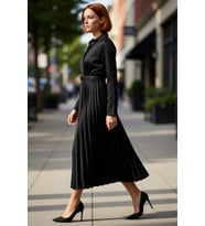 Kadın Düz Desen Standart Kol Kuşak Detaylı Piliseli Etek Ceket Yaka Polyester Midi Boy Elbise