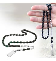 Ateş Kehribar Tesbih - Metal Püsküllü - Süzme Turkuaz Siyah Renk - İsme Özel Yazılı - Arpa Kesim