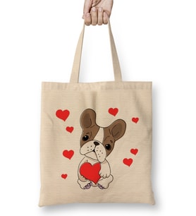 French Bulldog with Hearts Cartoon Pug Bez Çanta Uzun Saplı