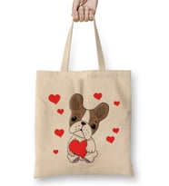 French Bulldog with Hearts Cartoon Pug Bez Çanta Uzun Saplı