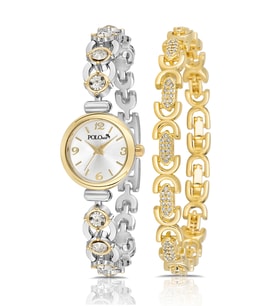 Polo Air Zarif Lüx Taşlı Kadın Kol Saati Oval Bileklik Kombin Gold Gümüş Renk PL-1593B3 (Altın-Gümüş)