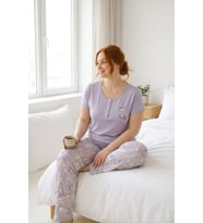 Seamlife Kadın Büyük Beden Desenli Bisiklet Yaka 3 Düğmeli Likralı Viskon Kısa Kol Pijama Takımı