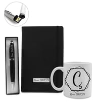 Kişiye Özel Tasarımlı Siyah Defter & Kişiye Özel Siyah 32GB Usb Touchpen Kalem & İsme Özel Kupa Hediye Seti (Model 1)