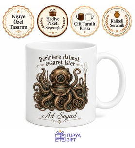 Dalgıç Başlığı ve Ahtapot Çizimli Steampunk Gizemi Kupa Bardak Hediye