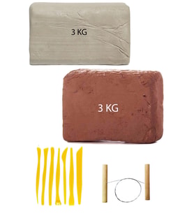 Kahve Çamur 3 Kg Kırmızı Kil Seramik Hamuru Beyaz Kil 3 Kg Plastik Ebeşuar Seti Çamur Kesme Teli