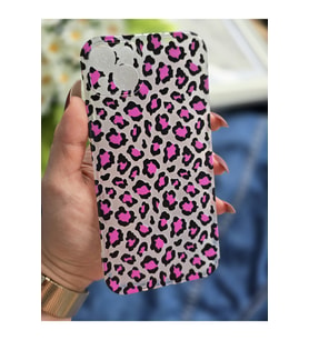 Iphone 14 PLUS Uyumlu Pembe Leopar Baskılı Şeffaf Telefon Kılıfı