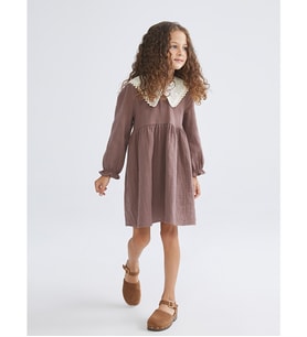 LCW Kids Kahverengi Bebe Yaka Kız Çocuk Müslin Elbise