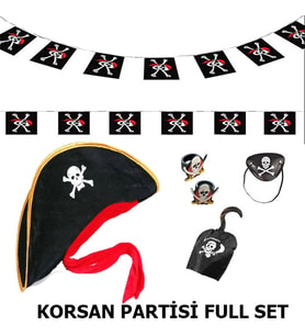 Çocuk Korsan Şapkası + Kancası + Göz Bandı + 2 Adet Yüzük + Afiş Seti