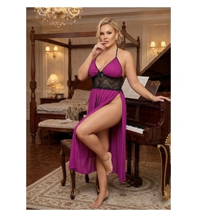 #Gecelik Dantelli Şık Saten Tasarım Plus Size Orkide Serisi Büyük Beden Mürdüm Çift Yırtmaçlı Geceli