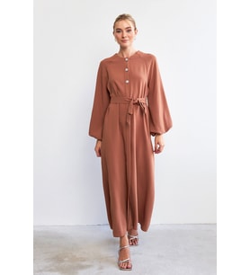 Balon Kol Düğmeli Abaya Elbise - Camel