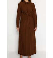 Moda Regular Casual Günlük Crinkle Dokuma Gömlek Yaka Uzun Kol Shift Maxi Boy Tesettür Elbise