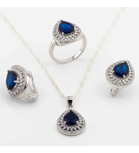925 Ayar Gümüş Mavi Zirkon Taşlı  Damla Model Bayan Set