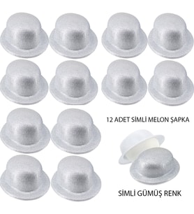 Gümüş Renk Simli Melon Yuvarlak Parti Şapkası 12 Adet