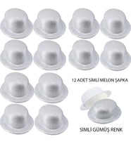 Gümüş Renk Simli Melon Yuvarlak Parti Şapkası 12 Adet