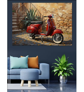 Eski Sokakta Kırmızı Nostaljik Scooter Dekoratif Kanvas - Mdf Ahşap Tablo