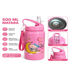 Alüminyum Matara 500 ML Çocuk Su Matarası Pipetli Sızdırmaz Dayanıklı Taşıma İpli
