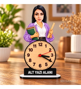 Kişiye Özel Fotoğraflı Kadın Öğretmen Karikatürlü 18 cm MDF Dikey Masa Saati - Öğretmen Hediyesi Öğretmenler Günü Hediyesi Mor