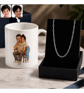 BK Gift Kişiye Özel Baba&Çocuk Karikatürlü Beyaz Kupa & Ataç Zincir Kolye -5, Babalar Günü Hediyesi