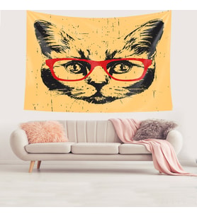 Kedi Desenli Sevimli Kedi Leke Tutmaz Kadife Dokulu Kumaş Duvar Örtüsü Duvar Halısı Tapestry (Somon)
