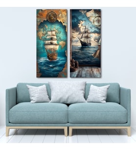 2'li Nostaljik Gemi ve Harita Temalı Kanvas Tablo Seti - Klasik Denizci Duvar Dekoru - 2x(30x70 cm)