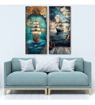 2'li Nostaljik Gemi ve Harita Temalı Kanvas Tablo Seti - Klasik Denizci Duvar Dekoru - 2x(30x70 cm)