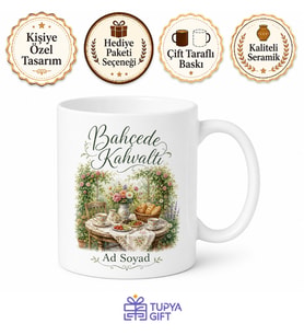 Bahçede Kahvaltı Yazılı Baskılı Kupa Bardak Hediye Porselen Mug