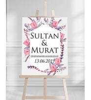 Söz Nişan Düğün İçin 50x70 Karşılama Panosu - Renkli Çiçek ve Yaprak Tasarımlı 002