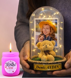 Kişiye Özel Fotoğraflı & Yazılı Led Işıklı Fanus ve Kokulu Mum (Ayıcıklı)