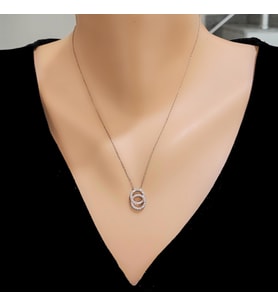 925 Ayar Gümüş Çift Halka Modeli Kolye, Pembe - Beyaz Taş