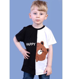 Toontoy Erkek Çocuk İki Renkli Ayıcık Baskılı Tişört (Siyah)