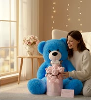 Premium 90 cm Peluş Ayı ve Silindir Pembe Kalpli Kutuda, Kalpli Balonlu 6’lı Pembe Ayıcık Buketi (Koyu Mavi)