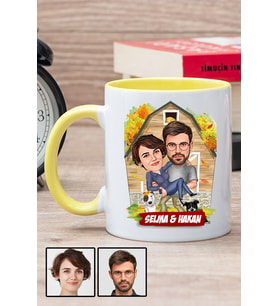 Sevgiliye Özel Hediye Ev Temalı Karikatürlü Sarı Kupa Bardak