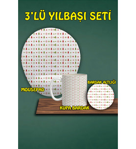 Yılbaşı Temalı 3'lü Bilek Destekli Mousepad Kupa ve Bardak Altlığı Seti