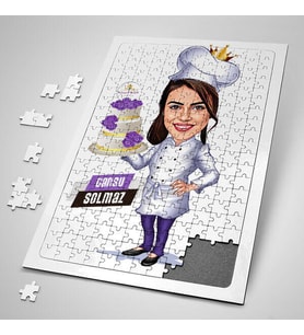 Yaş Pasta Taşıyan Aşçı Kadın Karikatürlü 240 Parça Kişiye Özel Puzzle
