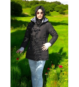 Kışlık Su Geçirmez Kapüşonlu Eldiven Detaylı Uzun Şişme Mont (Siyah)