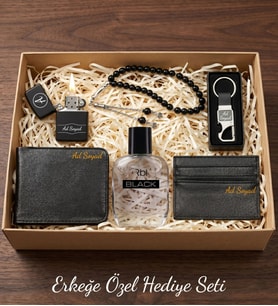 Kişiye Özel Erkek Aksesuar ve Kupa Hediye Seti (Benzinli Çakmak & Rebul RBL Black EDT Erkek Parfüm 50 ml & Cüzdan & Kartlık & Siyah Kupa) (Model 1)