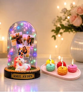 Kişiye Özel Yazılı 3 Fotoğraflı Renkli LED Işıklı Fanus (unicorn) ve 5'li Kokulu Makaron Mum Seti