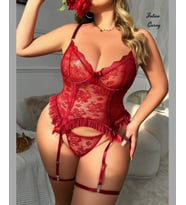 Intive Curvy Bordo Tül Fırfır Detaylı Büyük Beden Bacak Aksesuarlı Jartiyer Takım