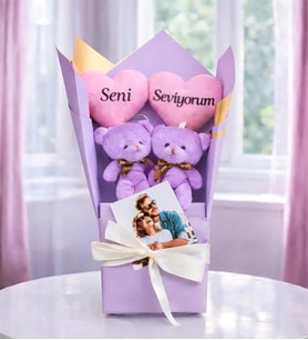 Kişiye Özel Fotoğraflı Seni Seviyorum Tasarımlı Mor Ayıcık Buketi