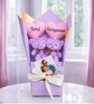 Kişiye Özel Fotoğraflı Seni Seviyorum Tasarımlı Mor Ayıcık Buketi