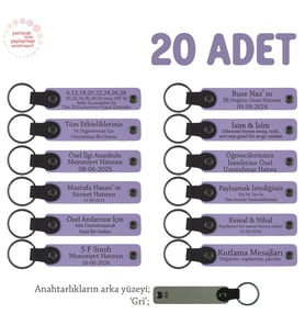 Öğretmeninden Kişisel Mesajlı Karne Hediyesi Anahtarlık 20’li Set, Okul Hatırası, Mor Menekşe & Gri (Lila - Mor)