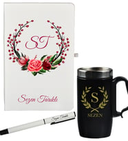 Şık Çiçek Tasarımlı Anneye Hediye Kişiye Özel Defter Kalem Siyah Termos Mug Seti