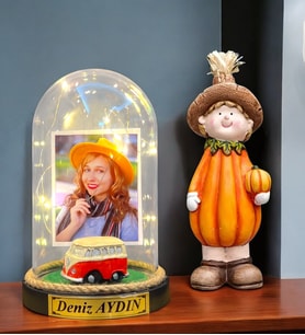 Size Özel Fotoğraflı Yazılı Led Işıklı Fanus ve Bal Kabağı Biblosu Hediye Seti (Model 4)