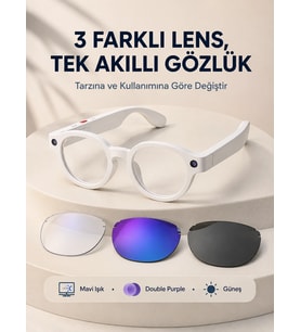 Mey İthalat® Beyaz Akıllı Kamera Gözlüğü Fotoğraf Video Çekimli Yapay Zeka Destekli Bluetooth Çoklu Dil Çeviri 3 Lensli