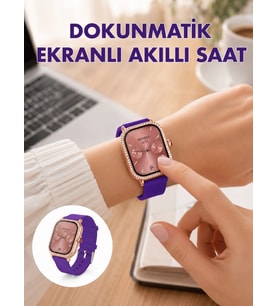 Pembe Mor Ve Metal Kordonlu Akıllı Saat Hediye Seti