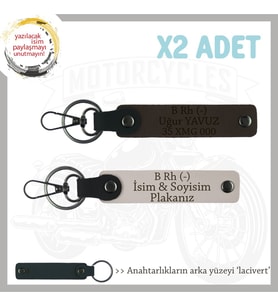 Motosiklet Severlere Özel, İsim Plaka ve B Rh (-) Kan Grubu Yazılı x2 Anahtarlık, Pudra-K Kahve-Laci (Çok Renkli)