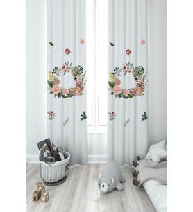 MEKTA HOME BEBEK VE ÇOCUK ODASI Çiçekli Çelenk Desenli 2 Kanat Fon Perde