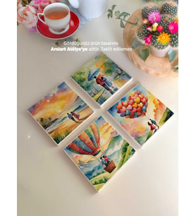 Romantik Suluboya Desenli Bardak Altlıkları 4 'lü Set